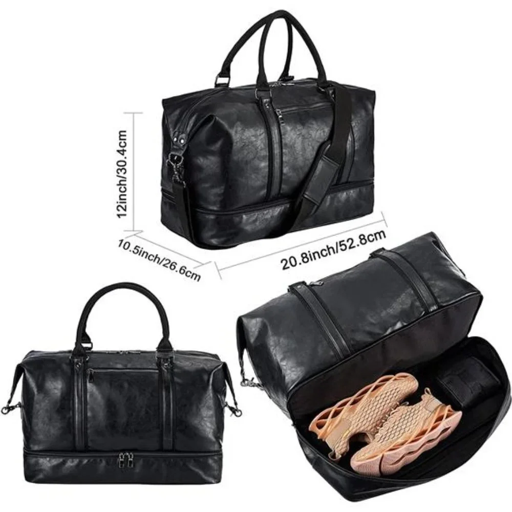 Men's Duffle Leather Travel Bag with Shoe Pouch Black